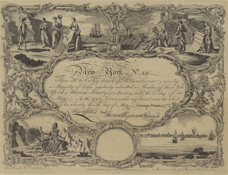 Medlemskabsbevis for New York Marine Society, 1773 af English School
