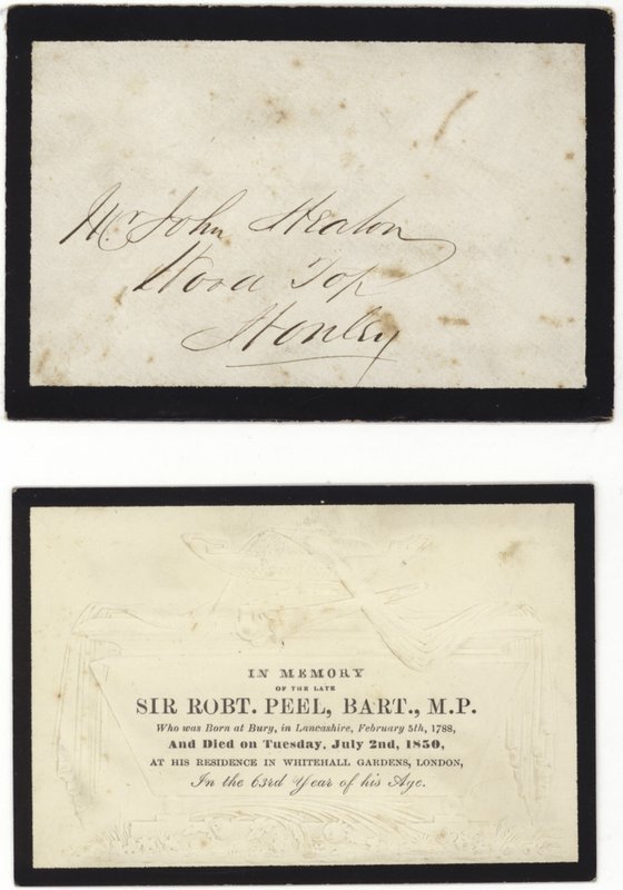 Mindekort til minde om afdøde Sir Robert Peel af English School