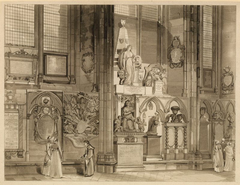 Mindesmærker og statuer i Westminster Abbey, London af English School