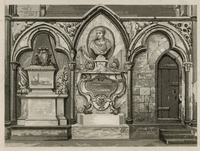 Mindesmærker og statuer i Westminster Abbey, London af English School