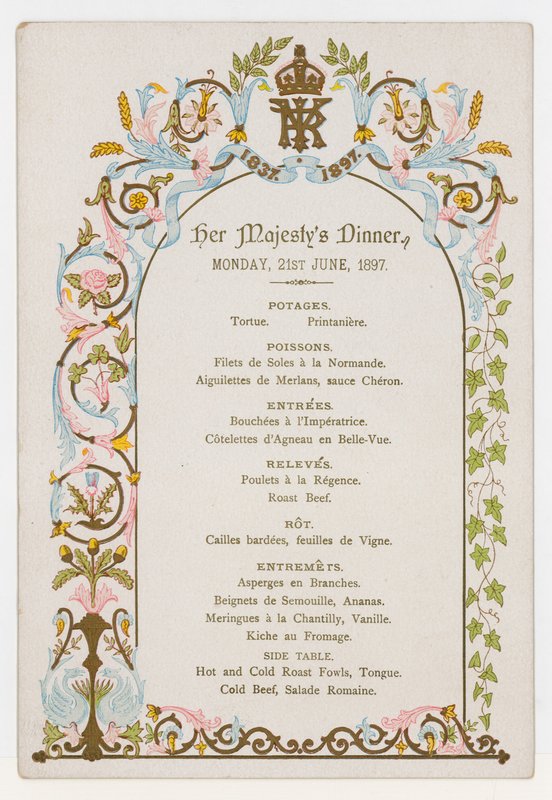 Menu til Dronning Victorias middag mandag den 21. juni 1897, dagen før hendes diamantjubilæum af English School