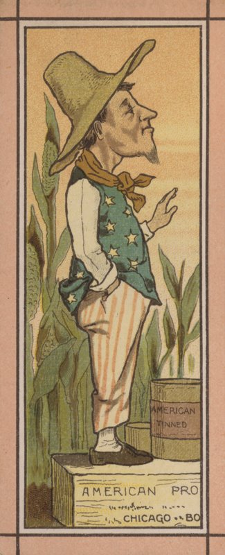 Illustration af menu: Amerikansk dåsemad (farvelitografi) af English School