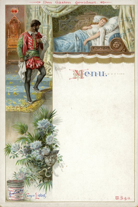 Menu med en scene fra Othello og en annonce for Liebigs Extract of Meat af English School