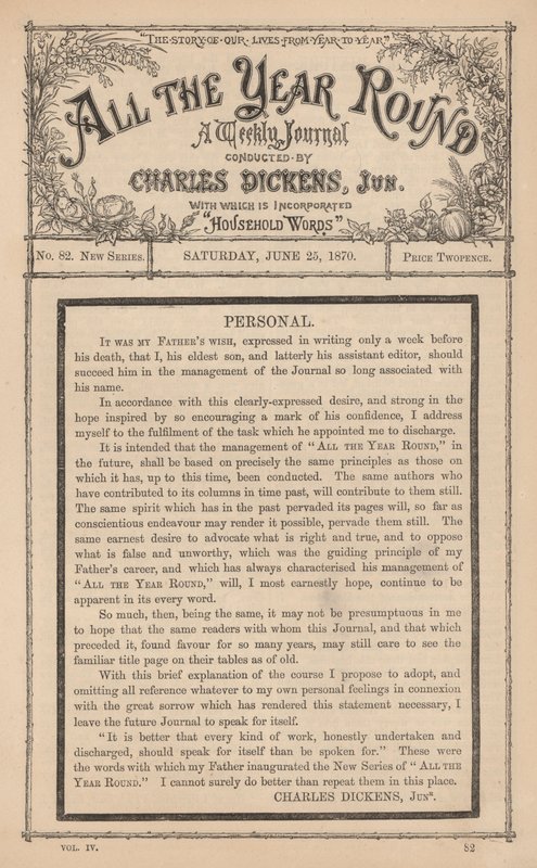 Besked fra Charles Dickens Junior i ugebladet All The Year Round, efter hans fars død af English School