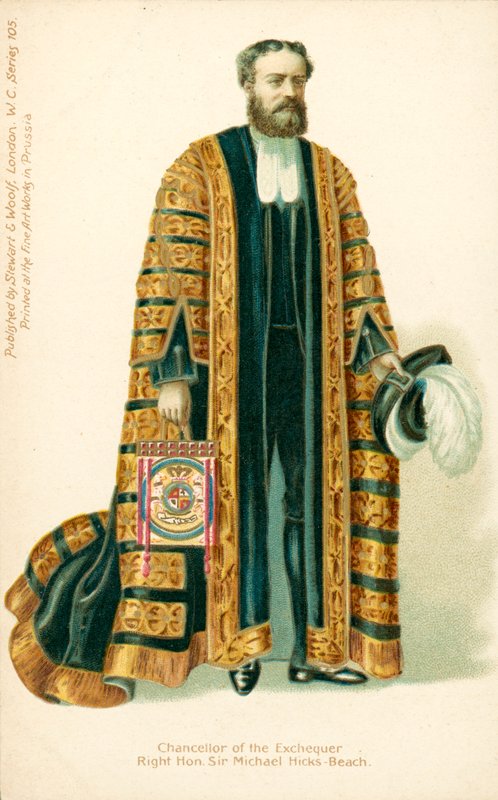 Michael Edward Hicks Beach, finansminister (farvelitografi) af English School