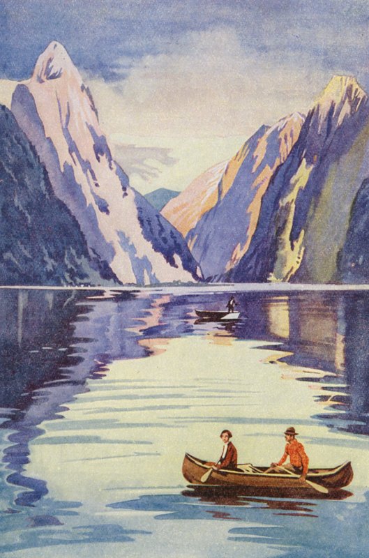 Milford Sound, New Zealand (farvelitografi) af English School