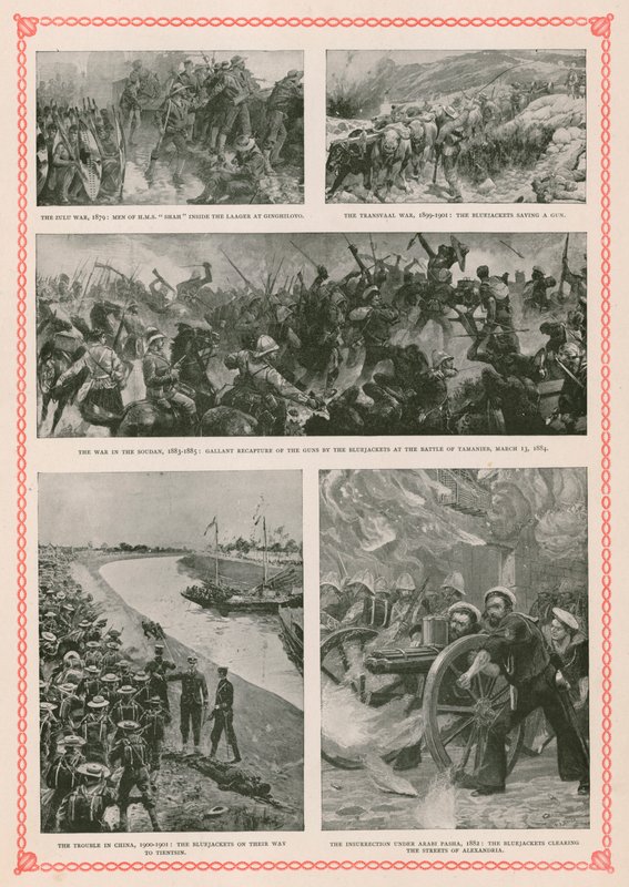 Militære aktioner, der involverer britiske søfolk under dronning Victorias regeringstid: Zulu-krigen, Boerkrigen, Mahdist-oprøret i Sudan, Boxer-oprøret og den anglo-ægyptiske krig (fotogravure) af English School