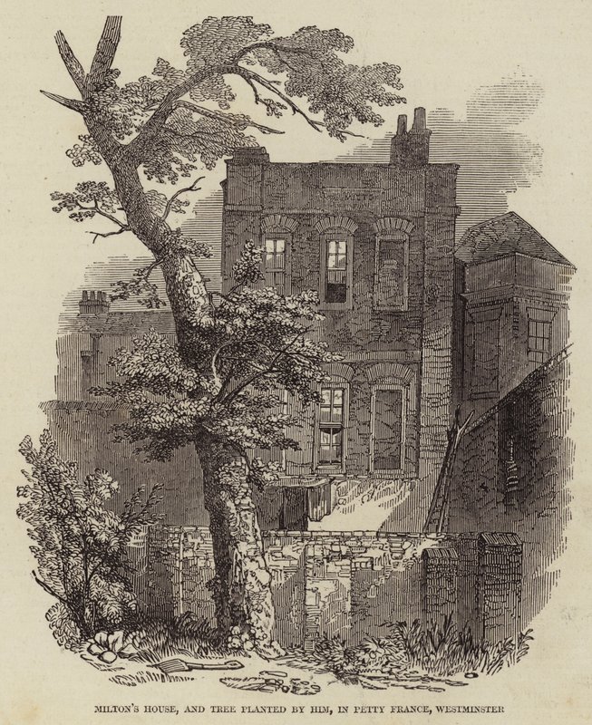 Miltons hus og træ plantet af ham i Petty France, Westminster (gravering) af English School