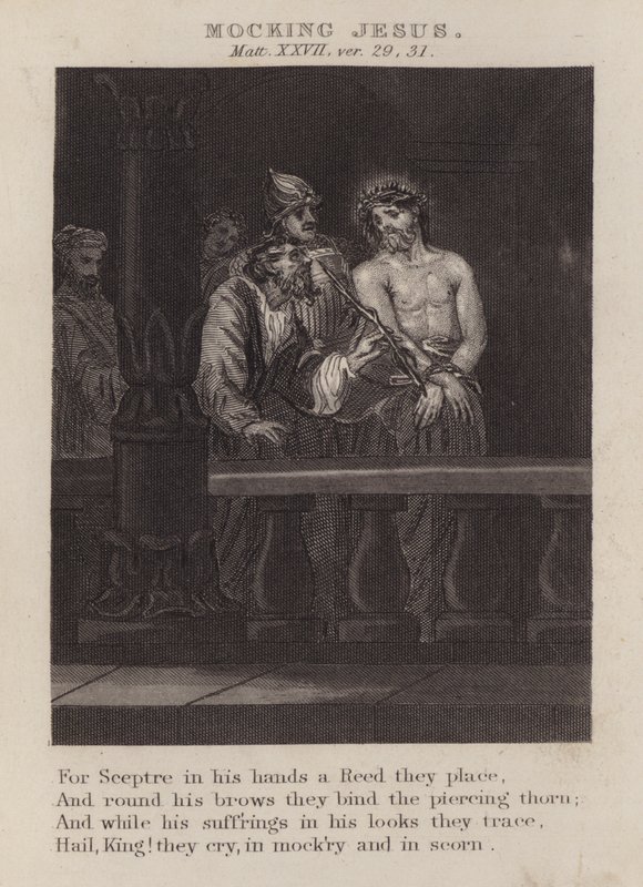 Håner Jesus, Matthæus XXVII, ver 29, 31 (gravering) af English School