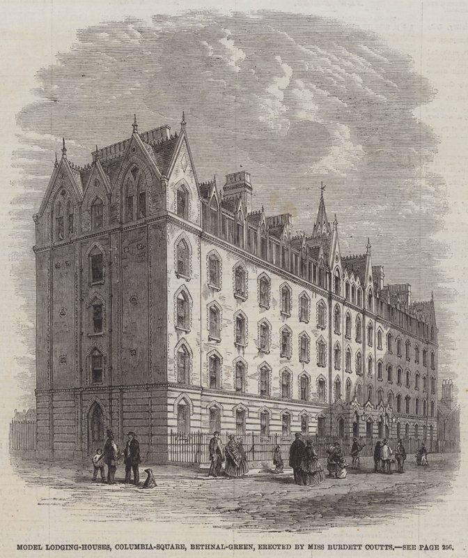 Model Lodging-Houses, Columbia-Square, Bethnal-Green, opført af Miss Burdett Coutts (gravering) af English School