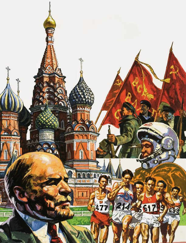 Montage af Rusland inklusive katedralen St Basil den Saligforklarede og portræt af Lenin af English School