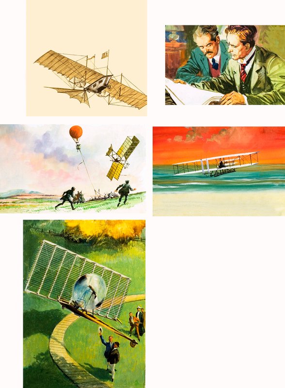Montage af tidlig flyvning inklusive Wright-brødrene (gouache på papir) af English School