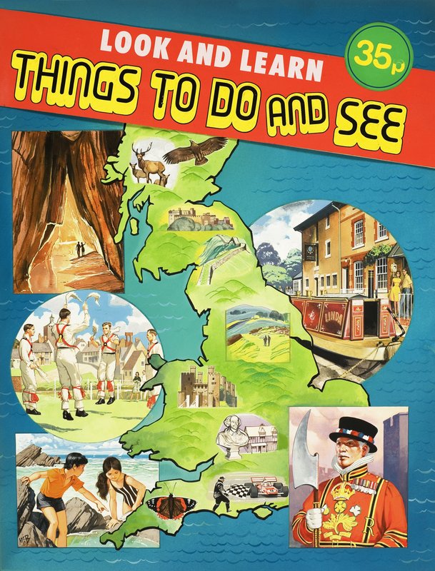 Montering af billeder sat omkring kort over Storbritannien af English School