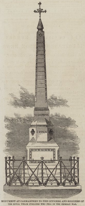 Monument ved Carmarthen til officerer og soldater fra Royal Welch Fusiliers, der faldt i Krimkrigen (gravering) af English School