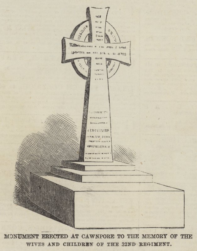 Monument rejst ved Cawnpore til minde om hustruerne og børnene fra det 32. regiment (gravering) af English School