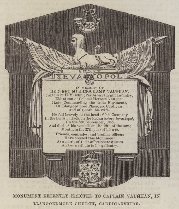 Monument for nylig rejst til kaptajn Vaughan i Llangoedmore Church, Cardiganshire (gravering) af English School