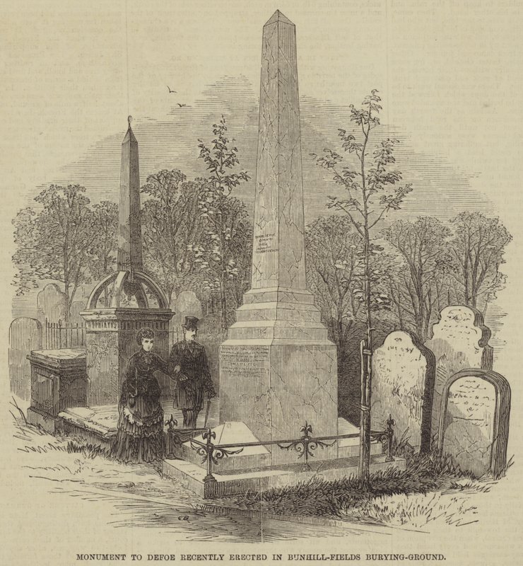 Monument til Defoe for nylig rejst i Bunhill-Fields Burying-Ground (gravering) af English School