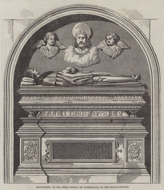 Monument til Dr. John Yonge, af Torrigiani, i Rolls Chapel (gravering) af English School