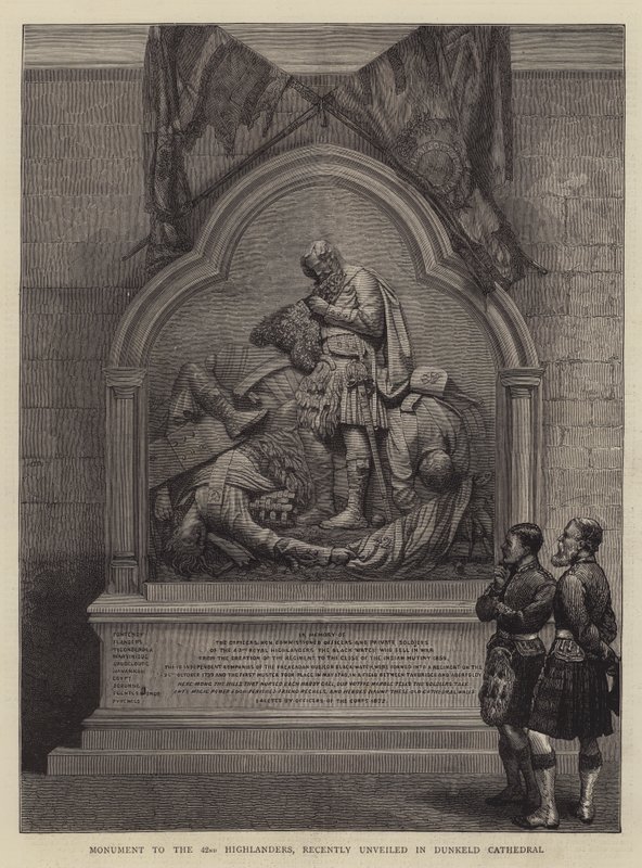 Monument til de 42. højlændere, for nylig afsløret i Dunkeld Cathedral (gravering) af English School