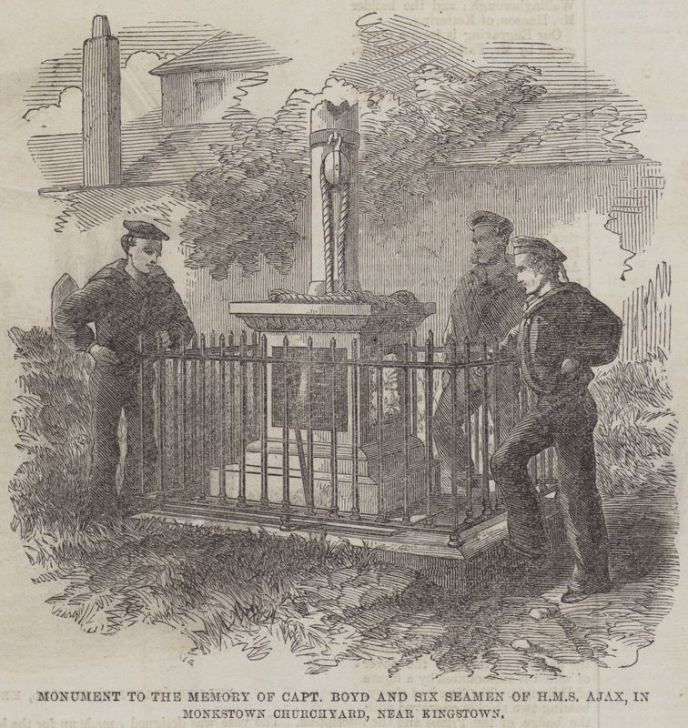 Monument til minde om kaptajn Boyd og seks sømænd fra HMS Ajax, i Monkstown Churchyard, nær Kingstown (gravering) af English School