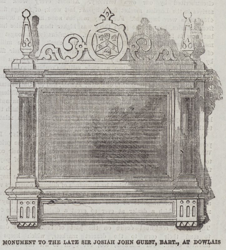 Monument til afdøde Sir Josiah John Guest, Baronet, ved Dowlais (gravering) af English School