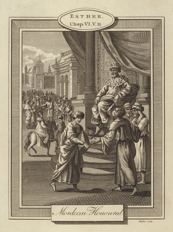 Mordekai hædret, Esther, kapitel VI, vers 11 (gravering) af English School