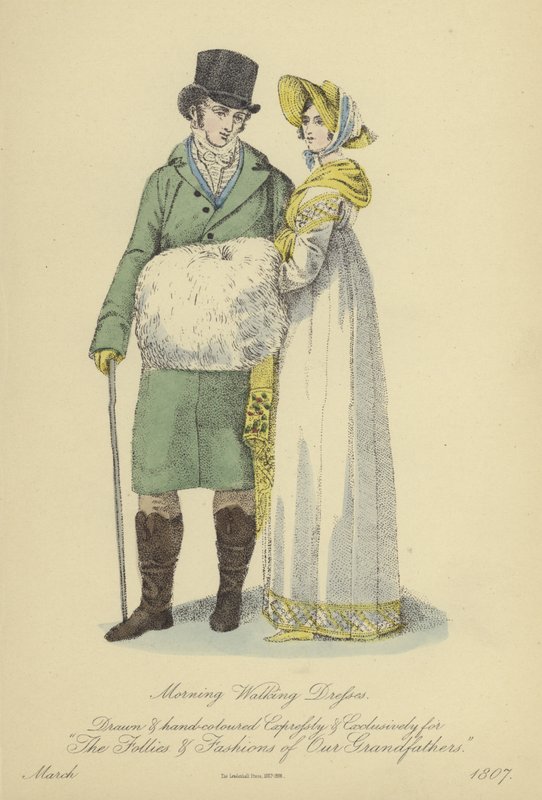 Morgengåtekjole til damer og herrer (farvet gravering) af English School