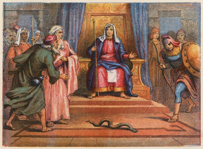 Moses og Aron foran Farao (farvelitografi) af English School