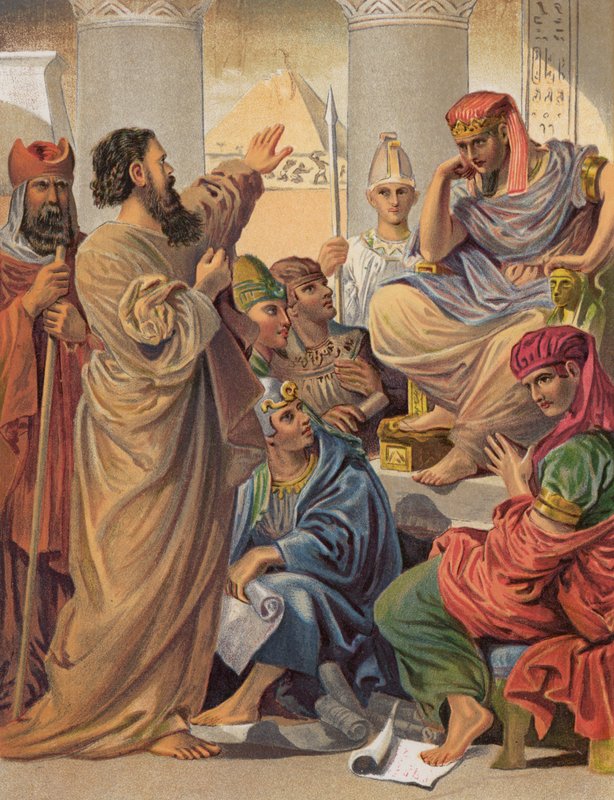 Moses og Aron før Farao, Exodus, VII (farve litho) af English School