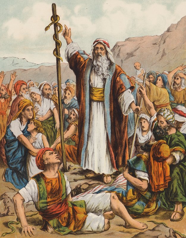 Moses og slangen af messing (farvelitografi) af English School