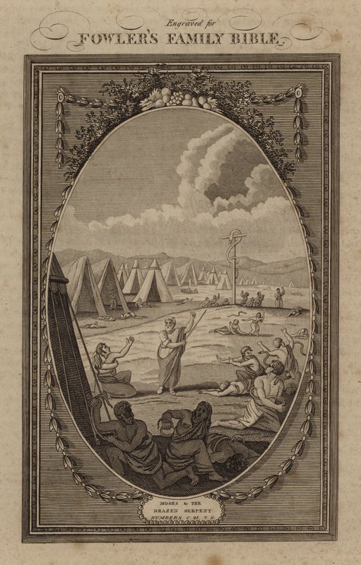 Moses and the Brazen Serpent, Numbers, Kapitel 21, Vers 9 (gravering) af English School