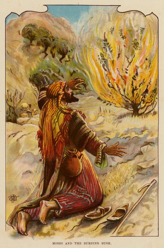 Moses og den brændende busk (farve litho) af English School