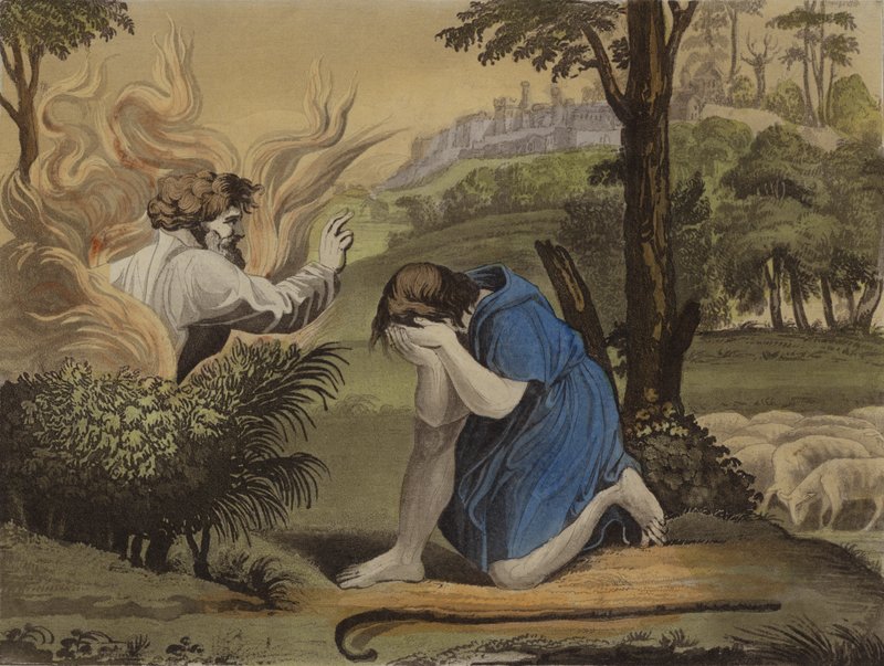 Moses og den brændende busk (farve litho) af English School
