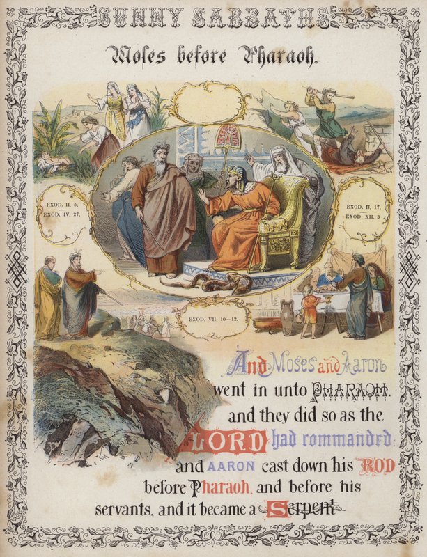 Moses foran Farao (farvet indgravering) af English School