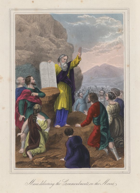Moses uddeler de ti bud (koloreret gravering) af English School