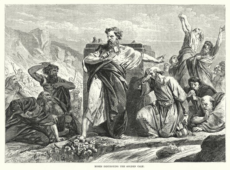 Moses ødelægger den gyldne kalv (gravering) af English School