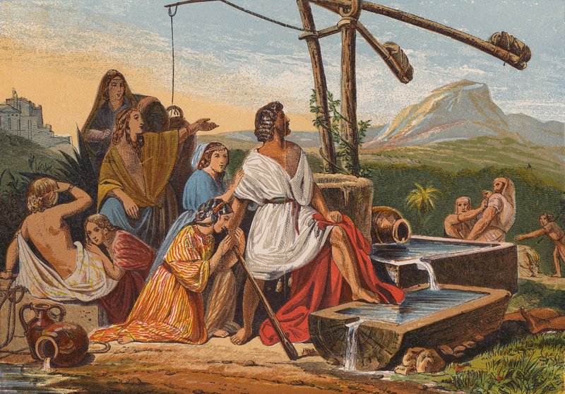 Moses redder Jethros døtre (farvelitografi) af English School
