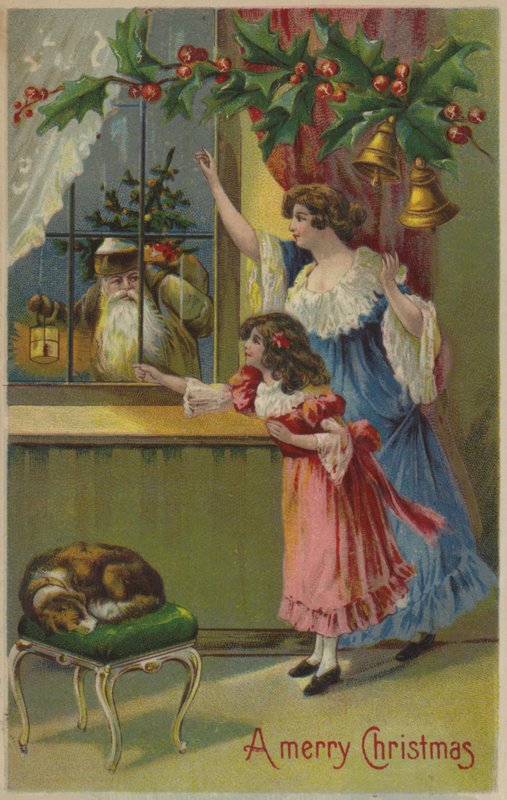 Mor og datter vinker til julemanden (chromolitho) af English School