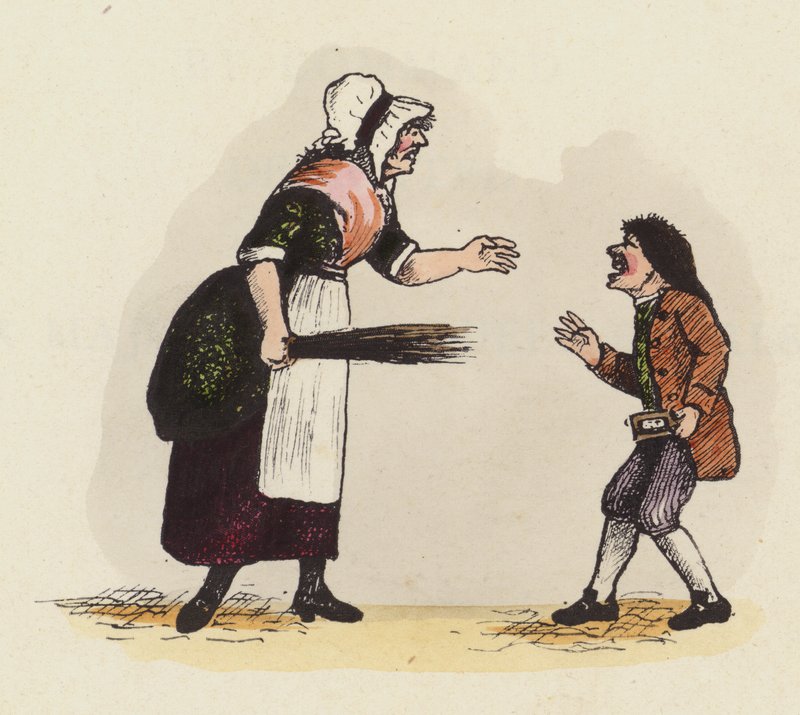 Mor, eller skoledame, disciplinerer en dreng, der holder en hornbog (farvet indgravering) af English School