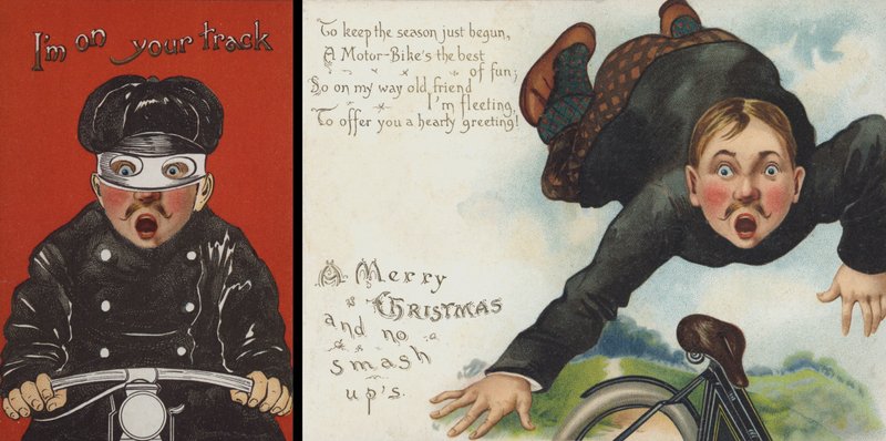 Julekort med motorcykeltema (chromolitho) af English School