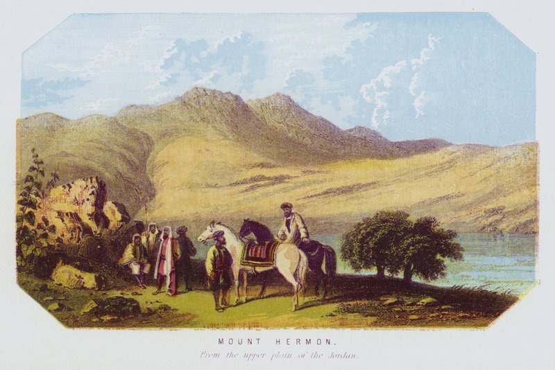 Hermon-bjerget, fra den øvre slette af Jordan (farve litho) af English School