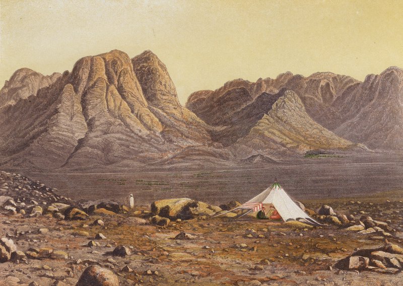 Sinai-bjerget, Horeb, fra En-Raheh-sletten, Exodux XIX 2 (farvelitografi) af English School