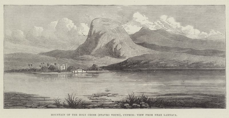 Det Hellige Kors Bjerg (Stavro Vouni), Cypern, Udsigt fra nær Larnaca (gravering) af English School