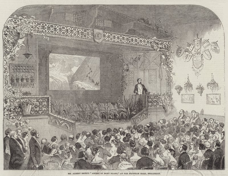 Albert Smiths "Ascent of Mont Blanc," i Egyptian Hall, Piccadilly (gravering) af English School