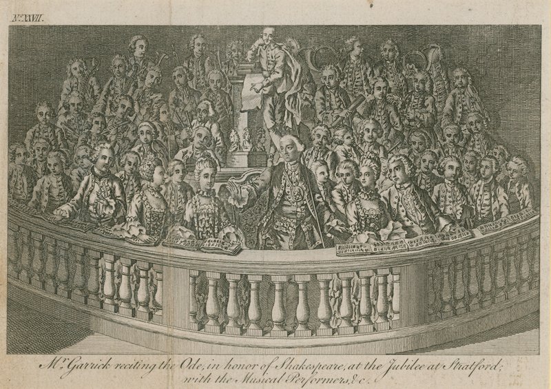 David Garrick reciterer Ode til ære for William Shakespeare ved jubilæet i Stratford af English School