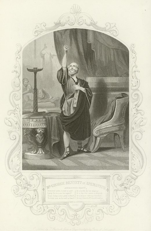 Mr. George Bennett som Apemantus, Apemantus grace, Timon of Athens, Act I, scene ii af English School
