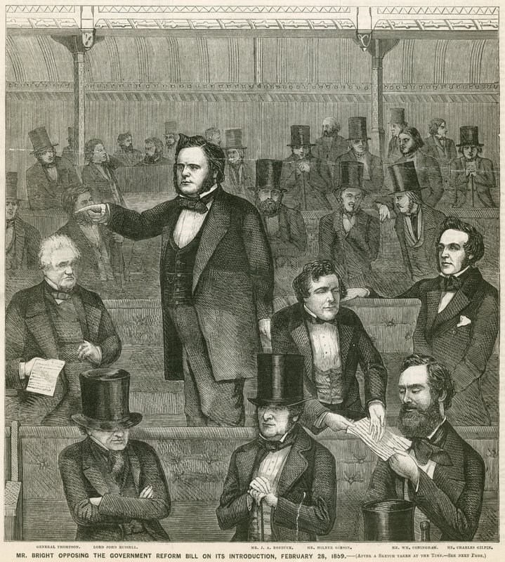 John Bright modsatte sig regeringens reformforslag ved dets indførelse, 28. februar 1859 af English School