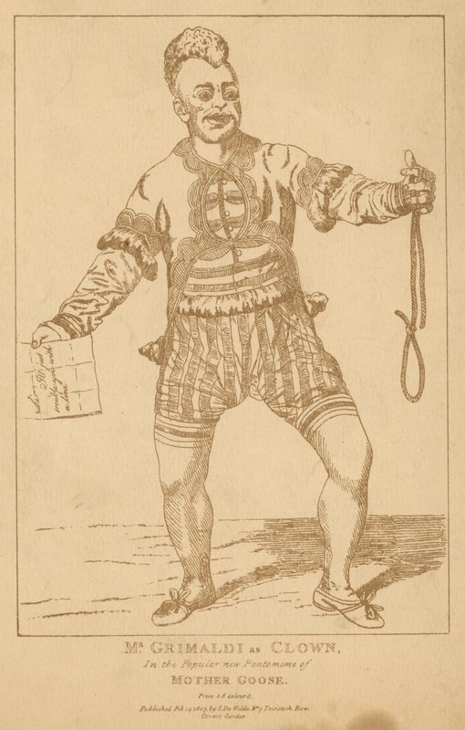 Joseph Grimaldi som klovn i den populære pantomime Mother Goose af English School