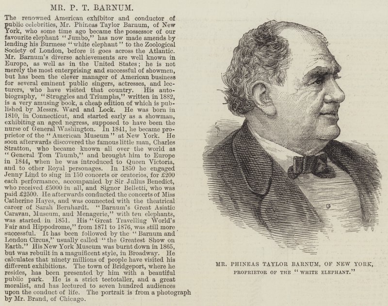 Phineas Taylor Barnum, New York, indehaver af "White Elephant" (gravering) af English School
