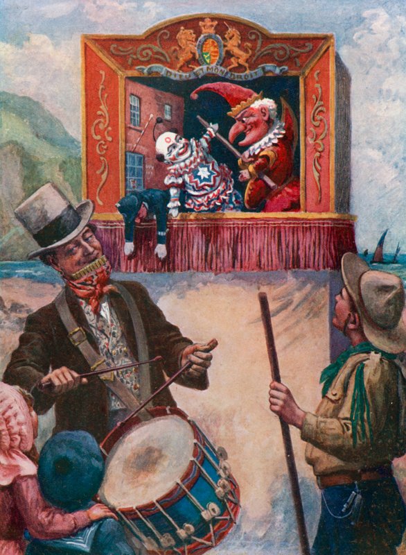 Mr Punch ved havet (farve litho) af English School
